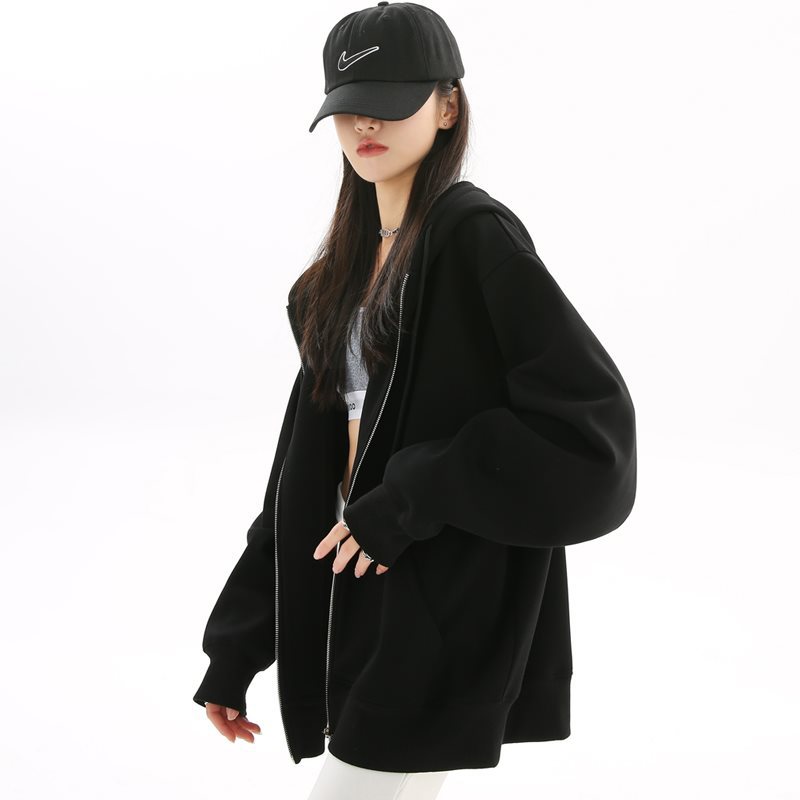 (2개) 블랙 후드 가디건 스웨트 셔츠 봄, 가을 여성 2024 신작 여름 얇은 오버 사이즈 지퍼 탑 재킷