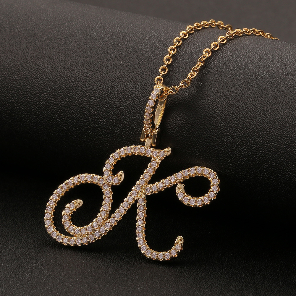 Hip-Hop Cursive English Letter Pendant 18K Gold Inlaid with Zircon Unisex Cuban Chain Jewelry National Trend Necklace