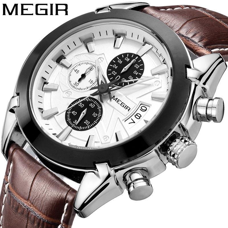 Megir Multifunctional Men's Watch Cross-Border Quartz Waterproof Genuine Leather Men's Watch Wholesale Dropshipping 2020g