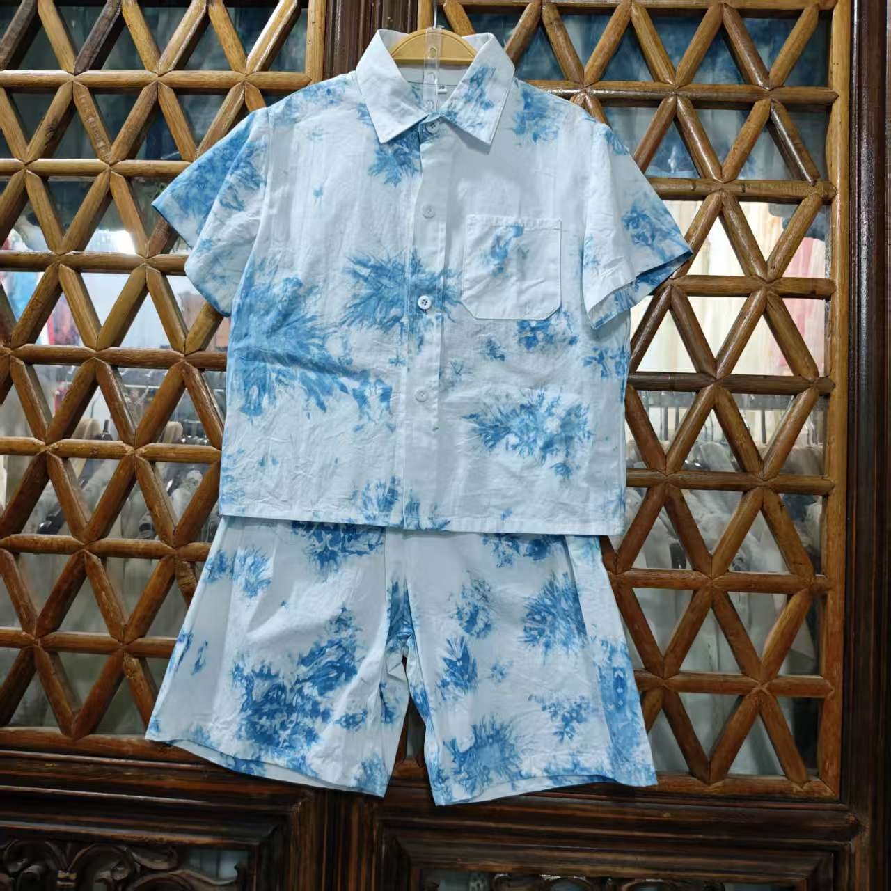 儿童扎染套装棉麻男童夏季衬衫短裤手工蓝染短袖上衣旅游沙滩装
