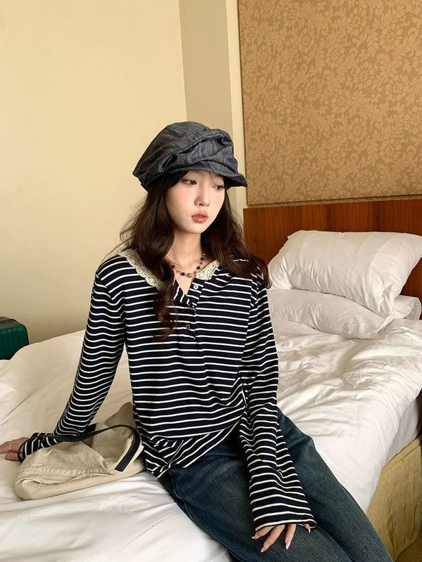 蕾丝边拼接条纹连帽长袖T恤女秋季新款宽松韩系甜美慵懒休闲上衣|undefined