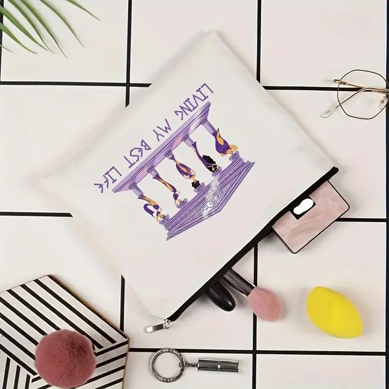 Transfronterizo Temu letras populares de lino simple impresión a doble cara bolsa de cosméticos bolsa de almacenamiento bolsa de cremallera multifuncional de las mujeres