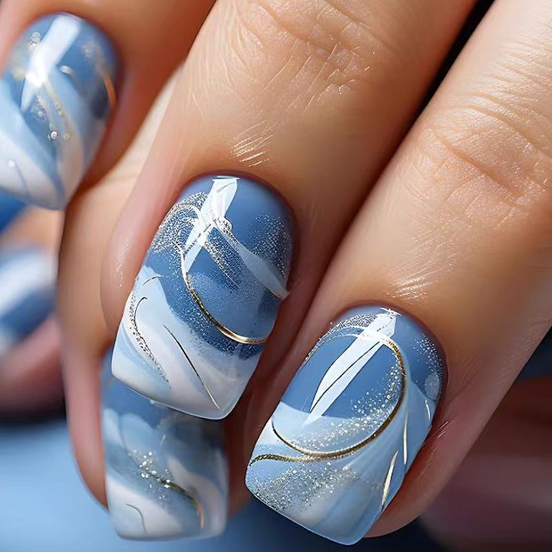 European and American shorts broadcast wearing fake nail patch fresh and elegant nail pieces blue and white gradient wearing 24 pieces