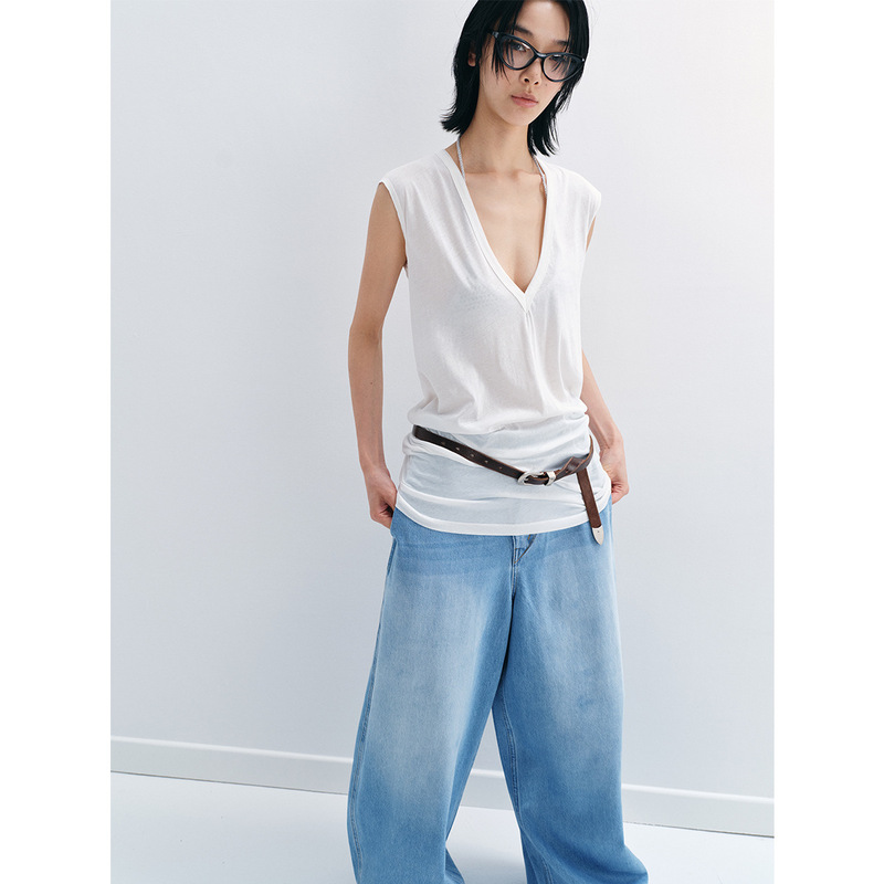 [Keep up with the Times] New High-Twist Cotton Deep V Neck Pleated Light and Thin Breathable Layered Vest Top V8932