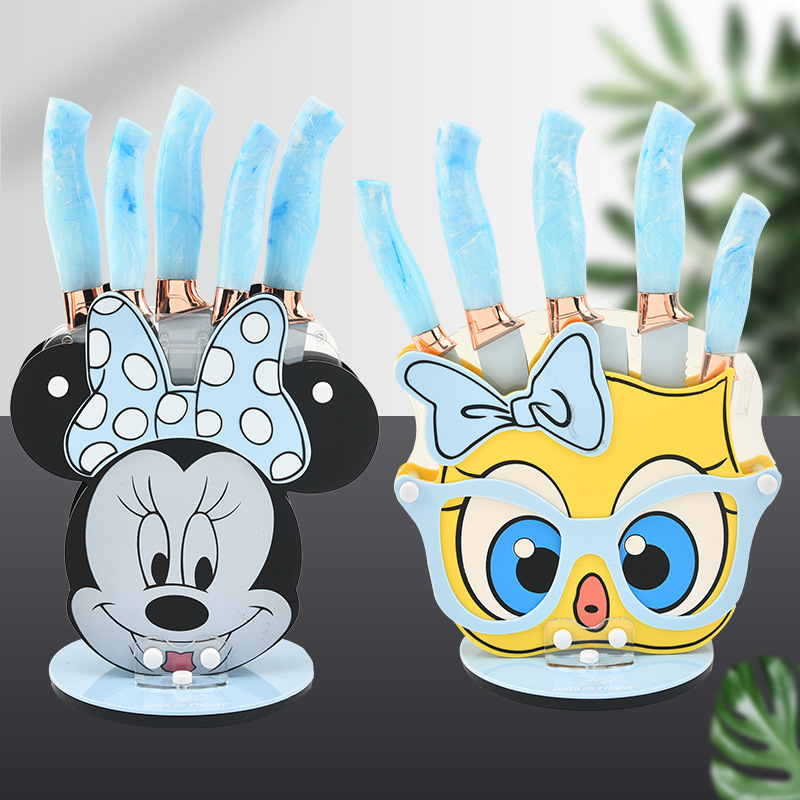 Nuevo cuchillo de cocina estriado mango tricolor 6 piezas cuchillo de cocina cuchillo de frutas con cuchillo de dibujos animados