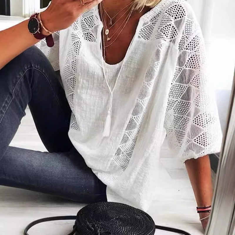 Cross-border AliExpress Amazon 2023 New Lace Shirt European and American Lace Hollow Stitching U-collar Seven-sleeve T-shirt for Women