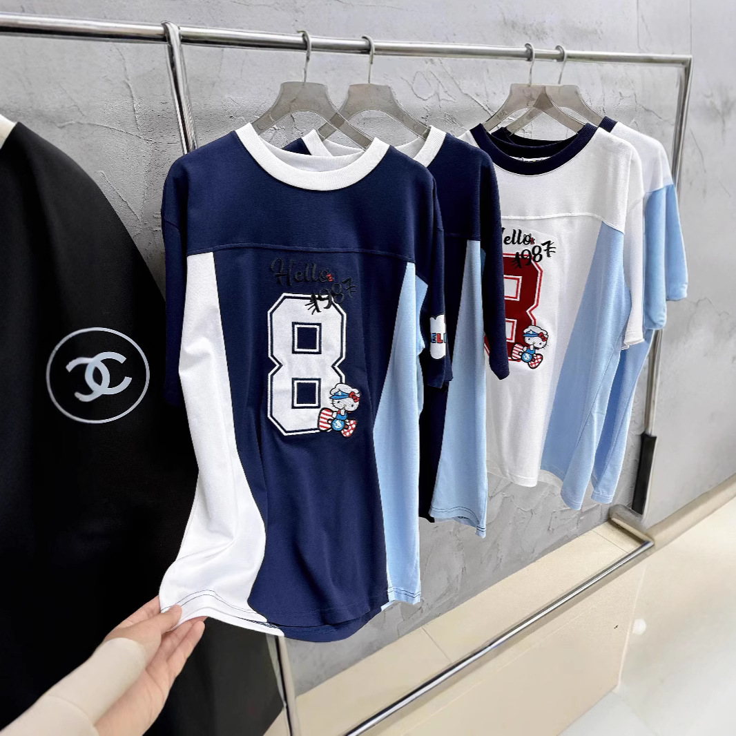 韓国版INSリラックスかわいい個性kitty8文字ジャージカラーブロック半袖Tシャツレディーストレンド