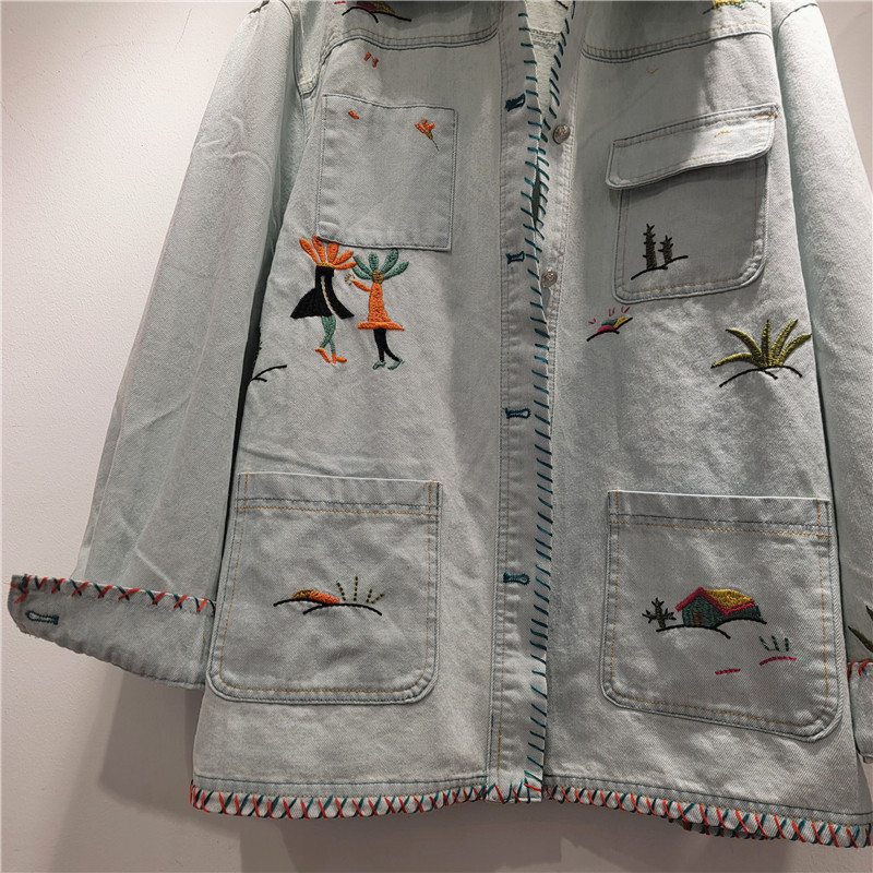 Chaqueta de Mezclilla Holgada con Bordado para Mujer Poliéster Corte Holgado Con Bordado Manga Larga