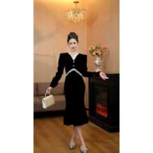 6398【金玉红颜】轻奢高级感黑色连衣裙时尚百搭减龄洋气长裙QH
