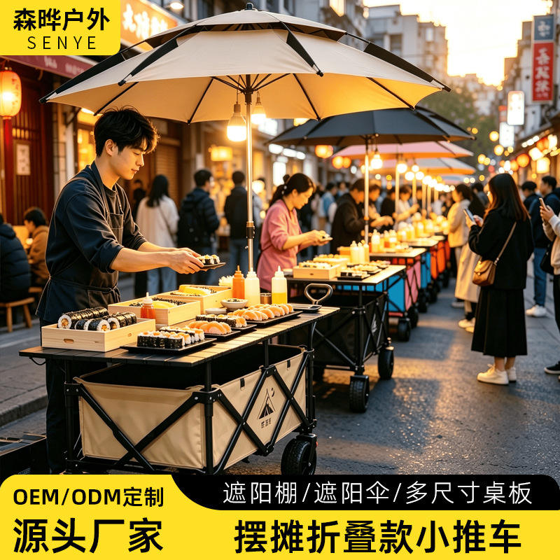 Outdoor Stall Cart, Outdoor Picnic Camping Cart, Folding Camp Cart, Portable Outing Cart with Large Umbrella