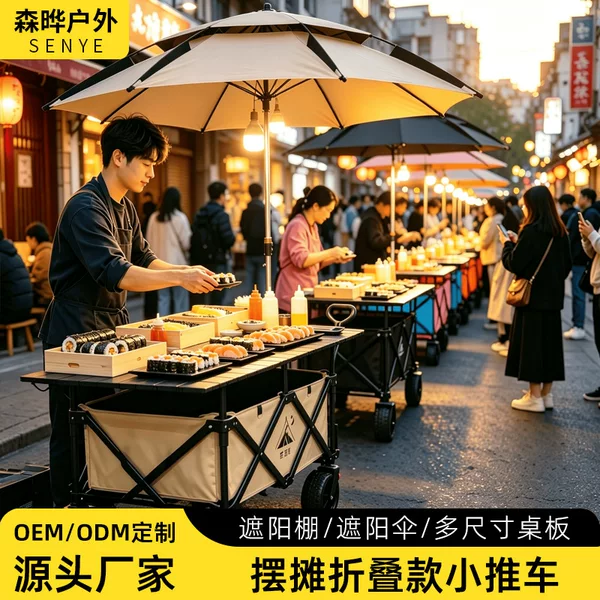 Outdoor Stall Cart, Outdoor Picnic Camping Cart, Folding Camp Cart, Portable Outing Cart with Large Umbrella