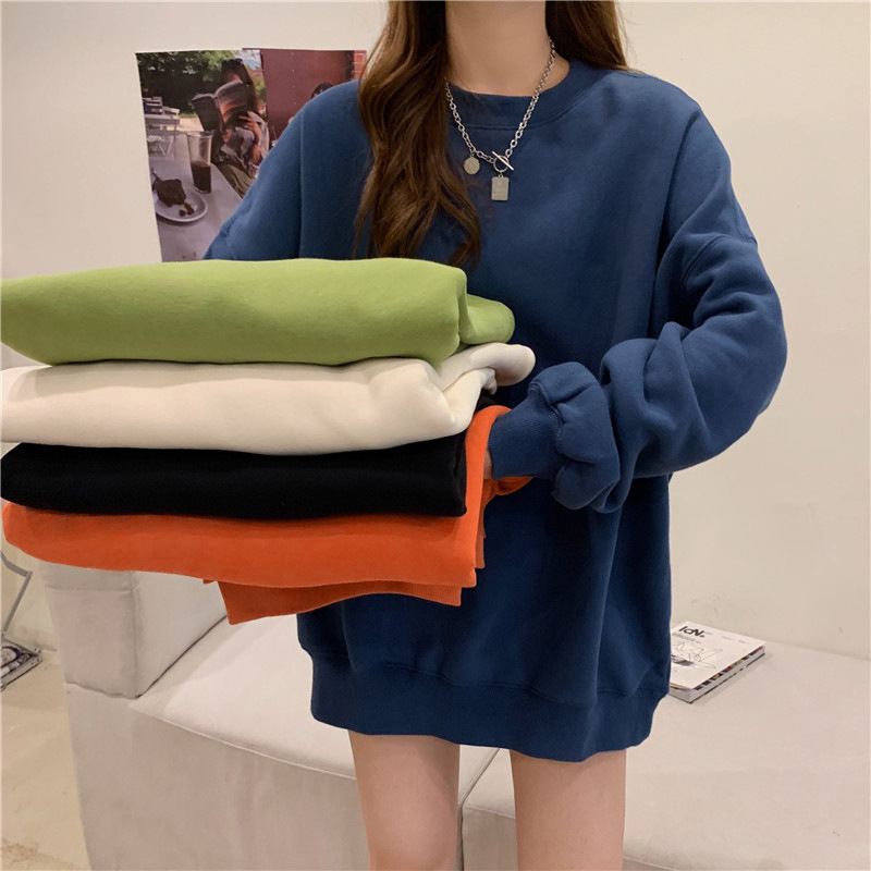 Cross-border Foreign Trade Taiwan Solid Color Fleece Thickened Sweatshirt Women's Autumn and Winter Loose Top T-shirt Student Couple Coat