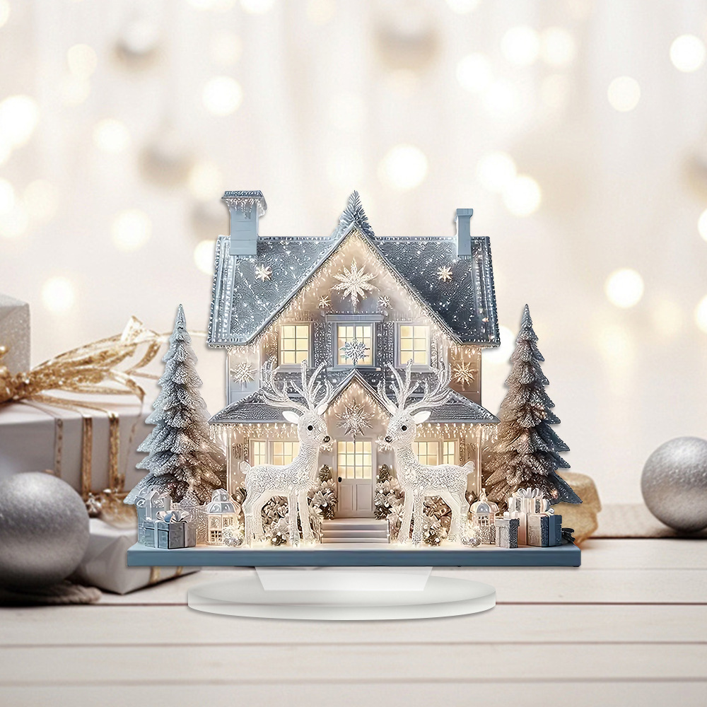 跨境圣诞麋鹿与小屋带底座亚克力标牌办公客厅卧室桌面摆件装饰