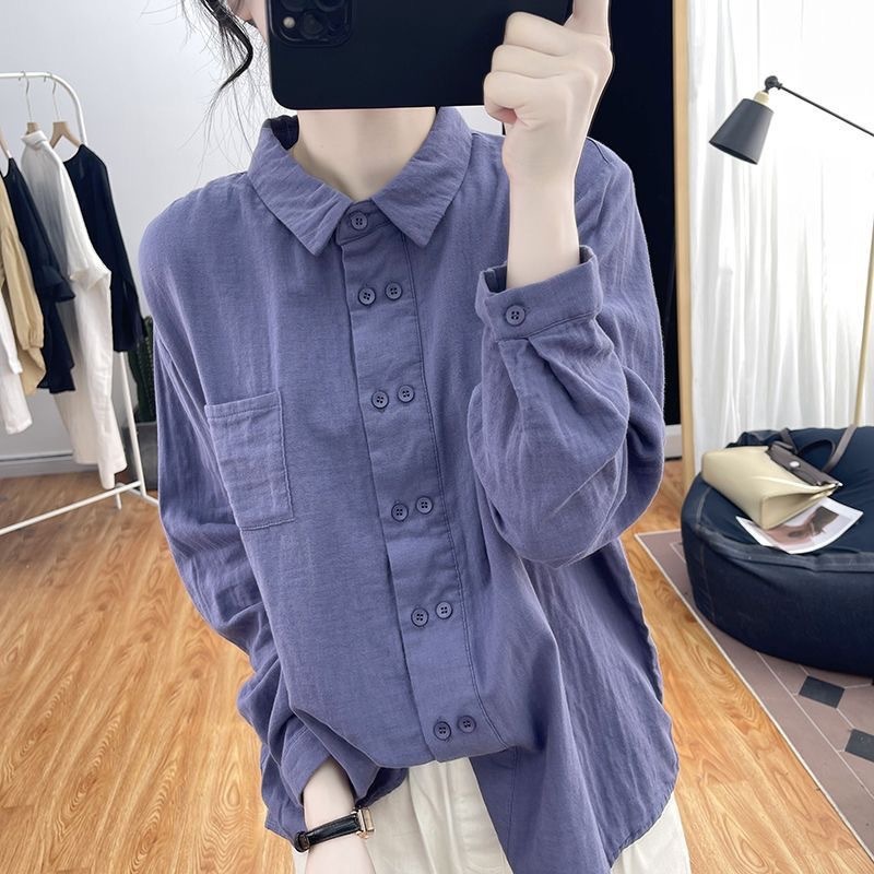 现货双排扣棉麻长袖衬衫女春秋polo领内搭上衣宽松设计感打底衬衣|undefined