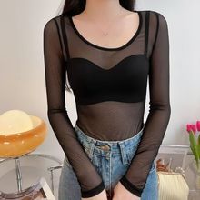 2018秋冬款女装低领网纱打底衫修身上衣小衫圆领长袖t恤薄款纱衣