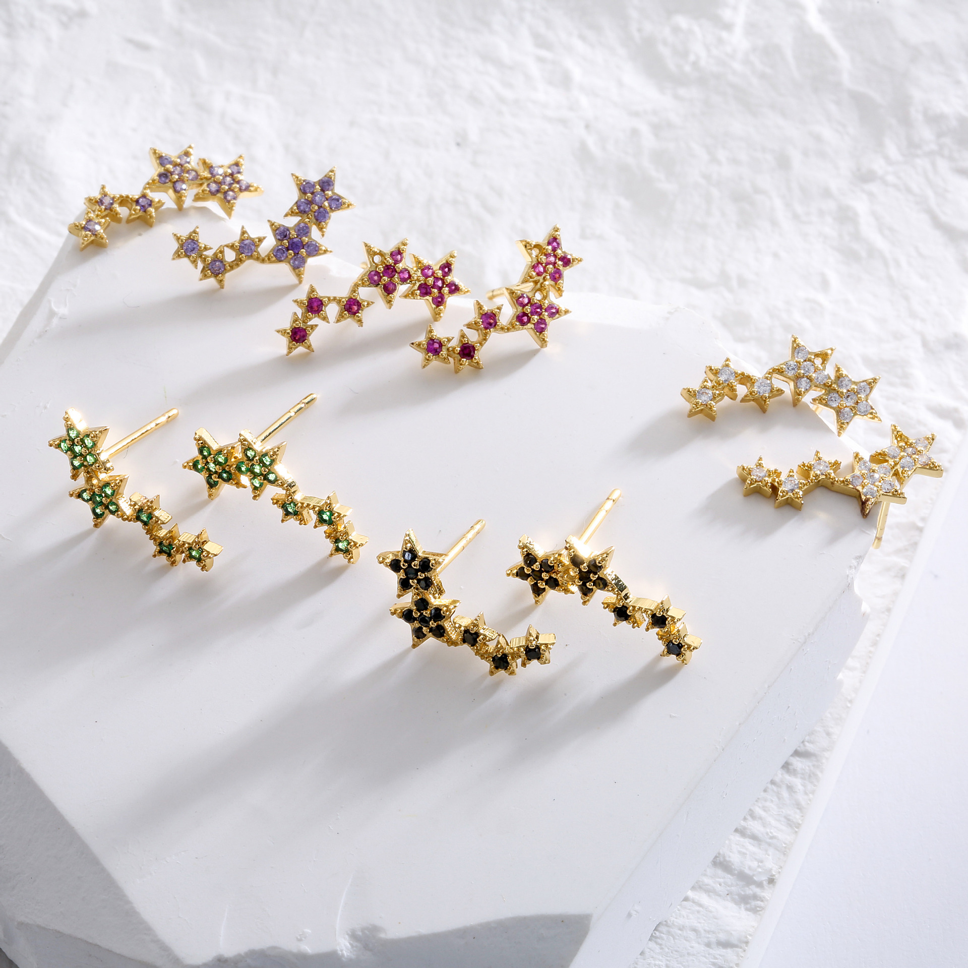 Micro Inlaid Zircon Pentagram Stud Earrings Colorful Crystals Star Brass Earring display picture 1