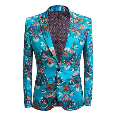  lake blue printed suit Men's jazz dance coats band singers dance jackets gig perform jackets for man emcee stage costumes groom's blazers performance clothing
