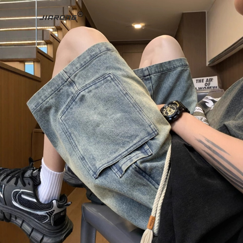 Tooling Denim Shorts Men's Summer Thin American Style High Street plus size Washed Old-fashioned Handsome Loose Casual Shorts