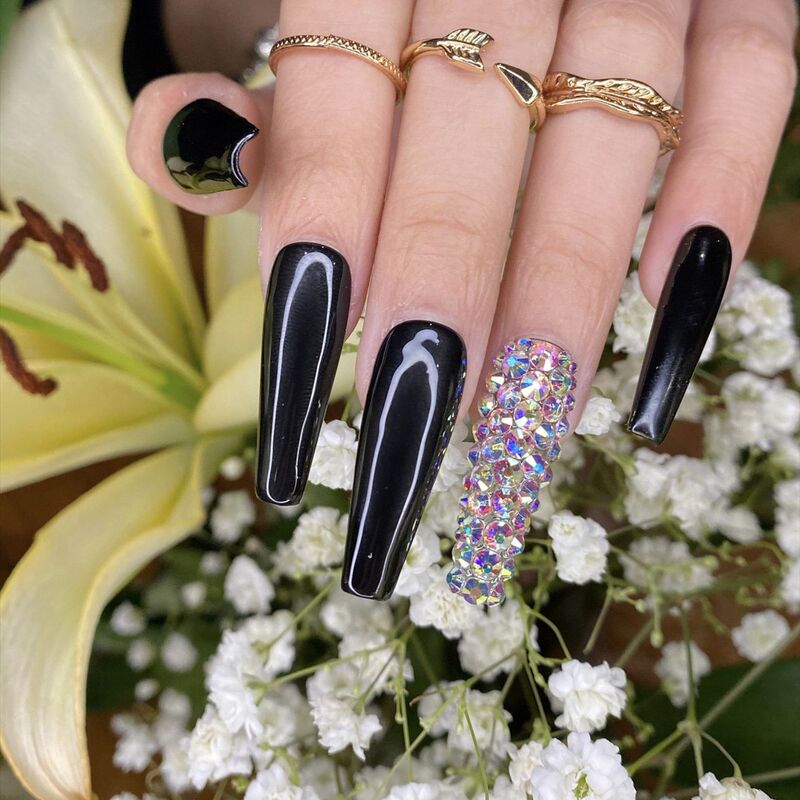 European and American cross-border long ballet nail fake nail black color diamond disassembly coffin nail manicure finished nail patch nail