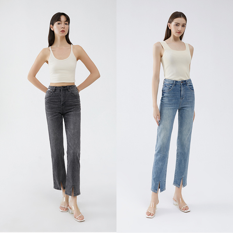 Special Offer→Celin High-Waisted Slit Elastic Comfortable Long Pants Straight-Leg Slim-Fit Full-Length Versatile Jeans for Women
