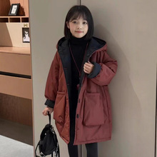 女童双面穿棉服韩版高级感中长款大口袋连帽加厚棉衣洋气冬季外套