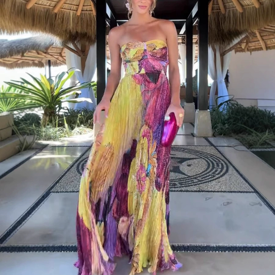 Amazon Independent Site European and American Clothing Cross-Border Suspender Printed Pleated Sleeveless Dress Fashionable Oversized Hem 8162