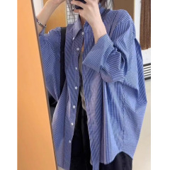 高级感超好看宽松蓝色显瘦衬衣秋季新款女百搭慵懒风格子衬衫休闲