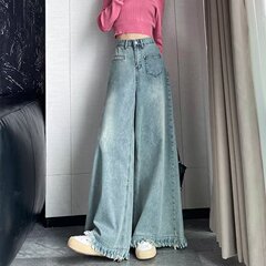 香港風の復古の新型のハイウエストはゆったりしていて、やせているストレートの大きいサイズの大きいサイズのスカートのズボンのフリンジの毛の縁の広い足のジーパンの女性を現します。