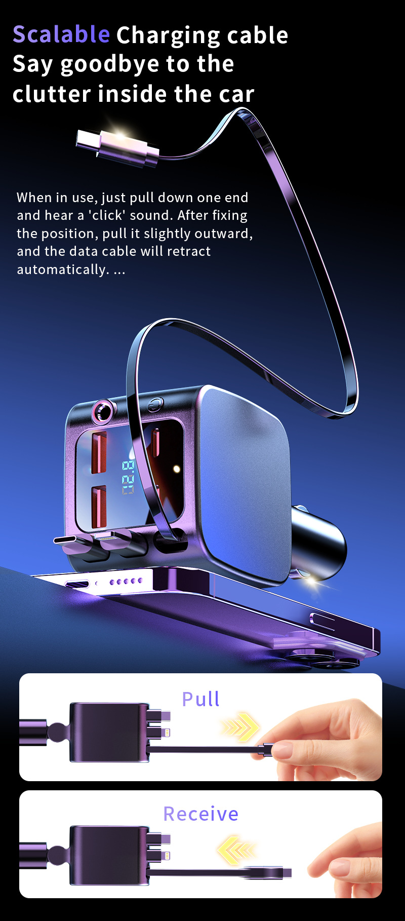 Cross-Border Super Fast Charging Starry Sky Light Car Charger with Retractable Cable Super Fast Car Charger Oem