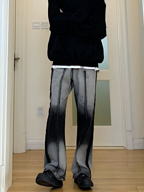 Vintage Stitching Jeans Men's Old American Style Zipper High Street Ins Trendy Gradient Straight Loose Wide Leg Long Pants