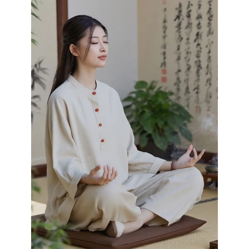 Single Top Zen Clothing Cotton Linen Buttoned Layperson Outfit Autumn Chinese Style Zen Plain Clothing Women's New Chinese Style Tai Chi Performance Outfit Single Top Zen Clothing Cotton Linen Buttoned Layperson Outfit Autumn Chinese Style Zen Plain Clothing Women's New Chinese Style Tai Chi Performance Outfit
