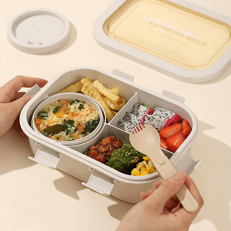 日式分格便当盒饭盒微波炉加热学生塑料便携简约长方形午餐盒餐具|undefined