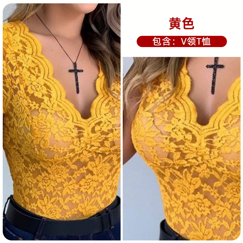 2024 deseo nuevo encaje con cuello en V camiseta sexy ver-a través de la parte superior B3067