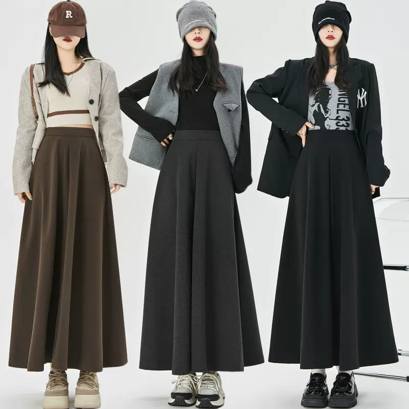 毛呢半身裙女2025秋冬新款百褶中长款伞裙高腰a字显瘦大摆裙长裙