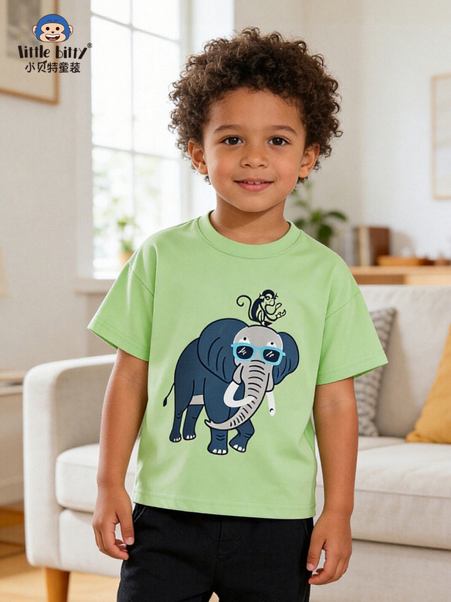 Cross-Border Supply 26Th Spring/Summer Children's Short-Sleeve T-Shirt with Cartoon Elephant Print, Round Neck, Casual Fashion Children's Top