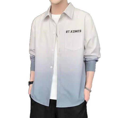 Men's Long-Sleeve Gradation Shirt for Spring and Autumn - New Arrival Korean Style Casual T-Shirts for Men - Blue Trendy Loose Top Coat
