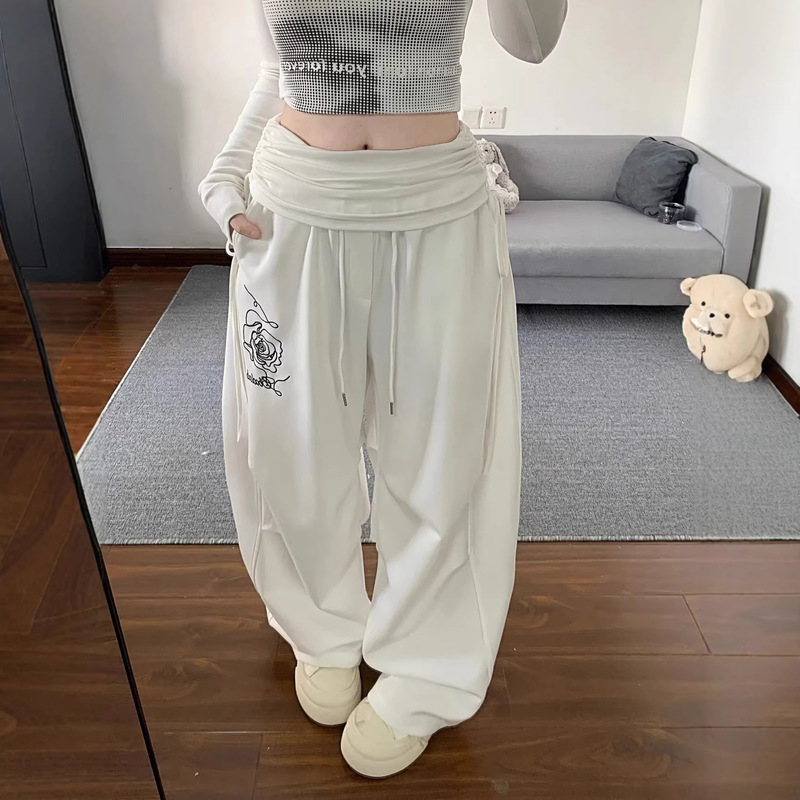 [Premium Edition] Ins Spring and Autumn Style Retro American Rose Embroidery Faux Two-Piece Patchwork Lazy Wide-Leg Casual Pants