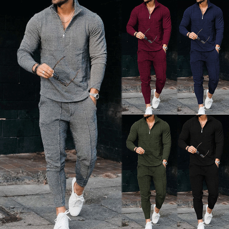 El comercio exterior de los hombres de otoño textura traje de manga larga polo desgaste pantalones deportivos moda casual media cremallera soporte collar traje