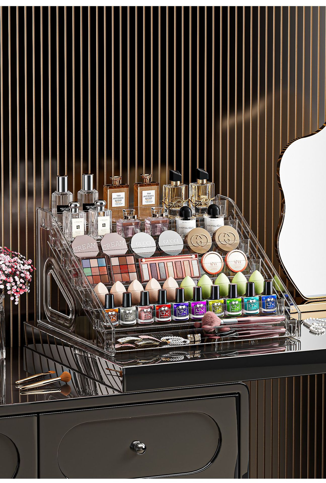 Transparente trapezförmige Kosmetik-Organizer Box Schminktisch Tischplatte Aufbewahrungsregal Make-up Pinsel Lippenstift Parfüm Aufräum- und Präsentationsständer