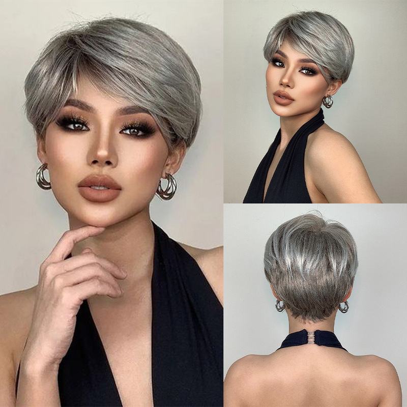 Cross-border European and American wig foreign trade women's silver gray short elf cut synthetic wig micro straight hair manufacturers wholesale