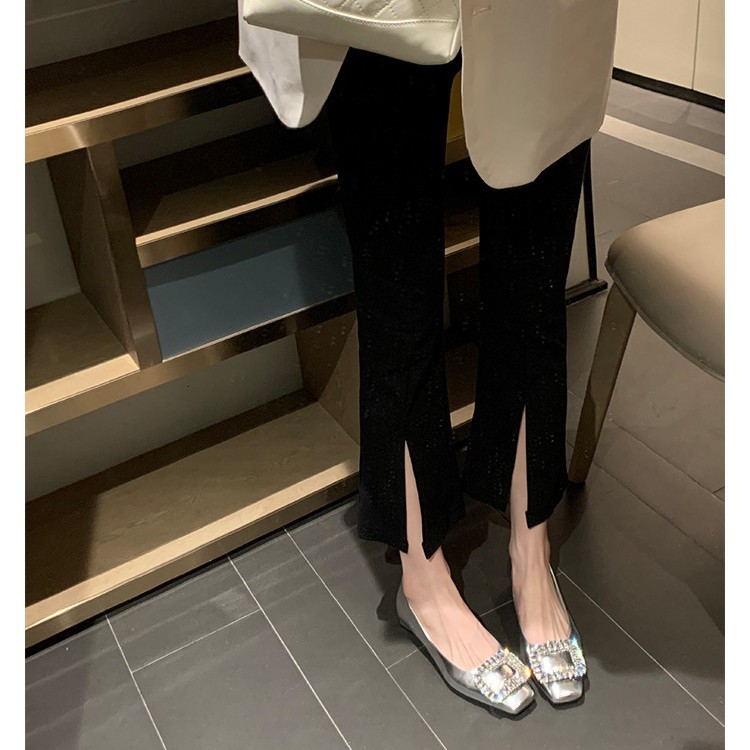 Versión de piel de oveja ~ diamante de boca clara cabeza cuadrada francesa plata con falda zapatos de mujer nuevos zapatos de cuero Marijin zapatos