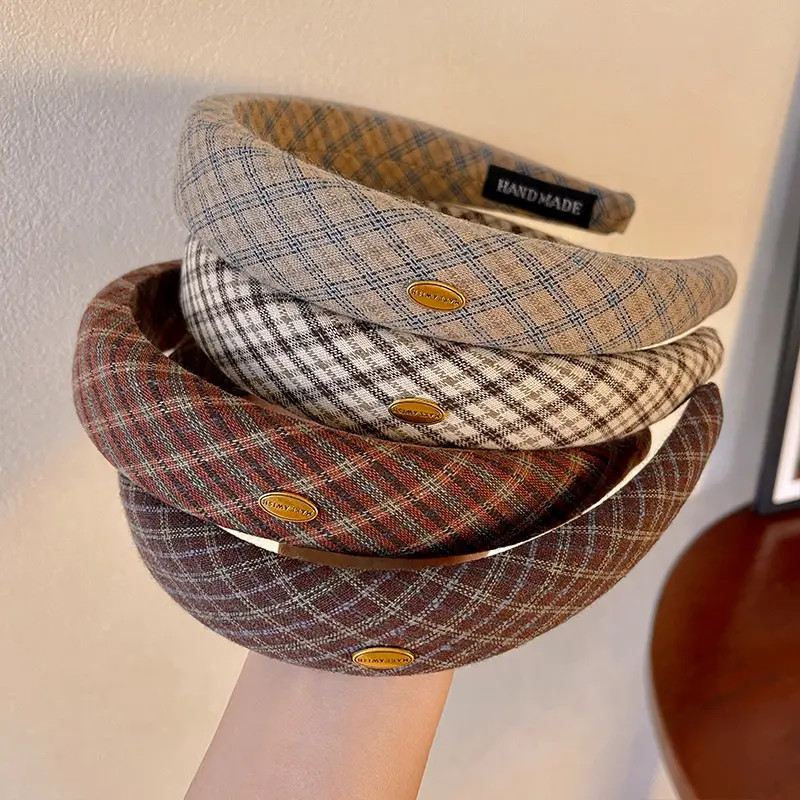 Korean Retro Gold Label Plaid Sponge Headband for Women, High Crown, Face-Slimming Hairpin, Early Autumn Elegant Versatile Headband
