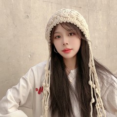 包头帽子女软糯秋冬季针织镂空花朵流苏帽百搭时髦保暖护耳毛线帽