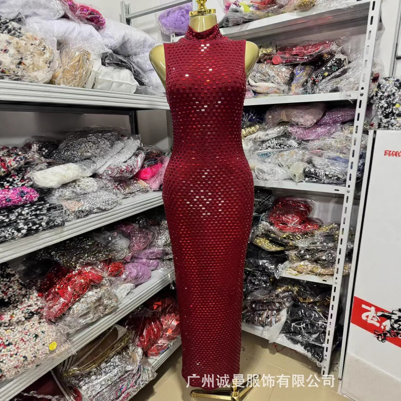 New Style Sparkling Rhinestone Slightly Sexy Halter Neck Sleeveless Casual Rhinestone-Embellished Tight-Fitting Long Bodycon Party Dress for Women