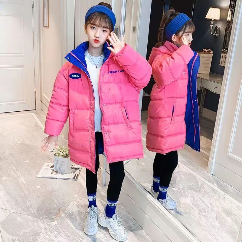 旗舰店小女孩秋冬季新款加厚女童棉衣中长款儿童棉服12到15岁黑色