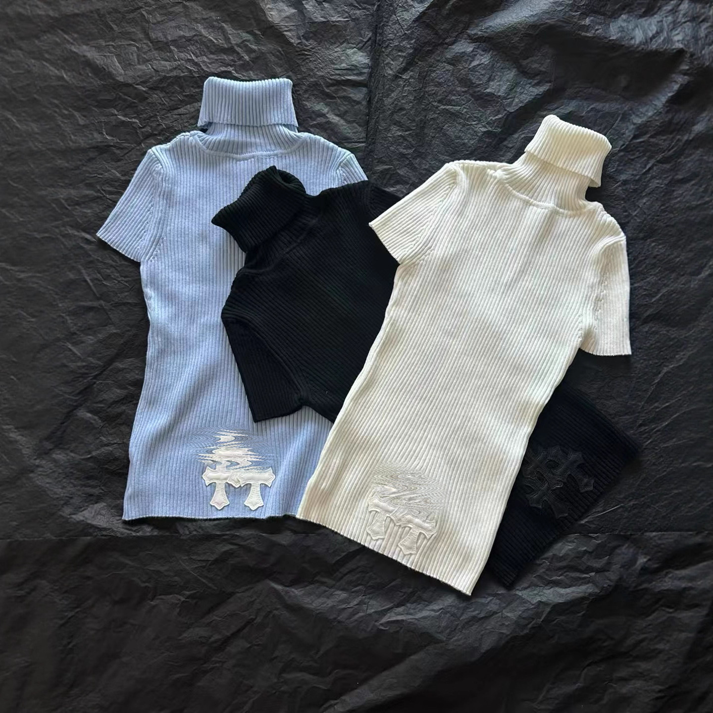 十字架贴皮高领针织短袖买手女款针织修身显瘦高领短袖