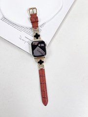 適用於蘋果手錶6789四葉草拼鱷魚紋皮質錶帶 iWatch SE 手腕帶