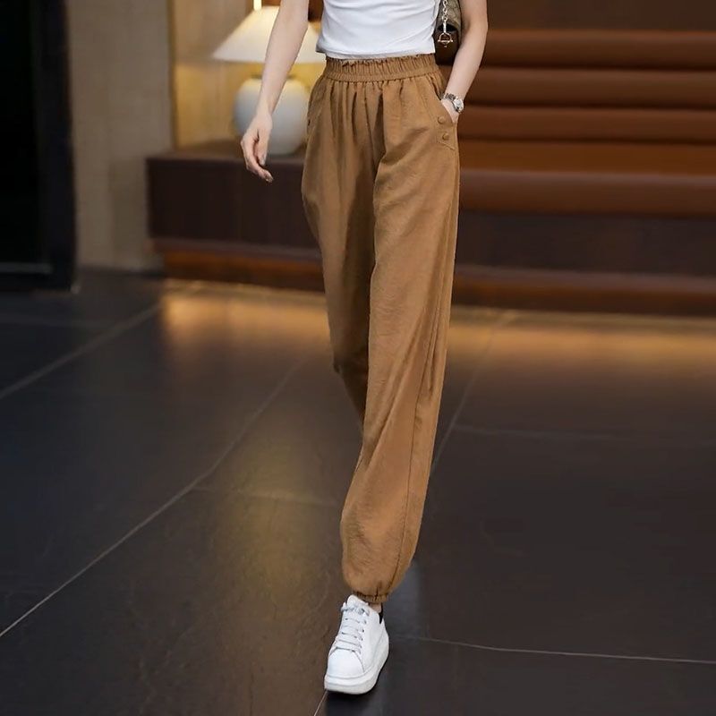 夏用の女性用薄手カジュアルハーレムパンツ、人気のゆったりとした万能なドレープアイスシルクレギンスブルマー、ハイウエスト9点パンツ|undefined