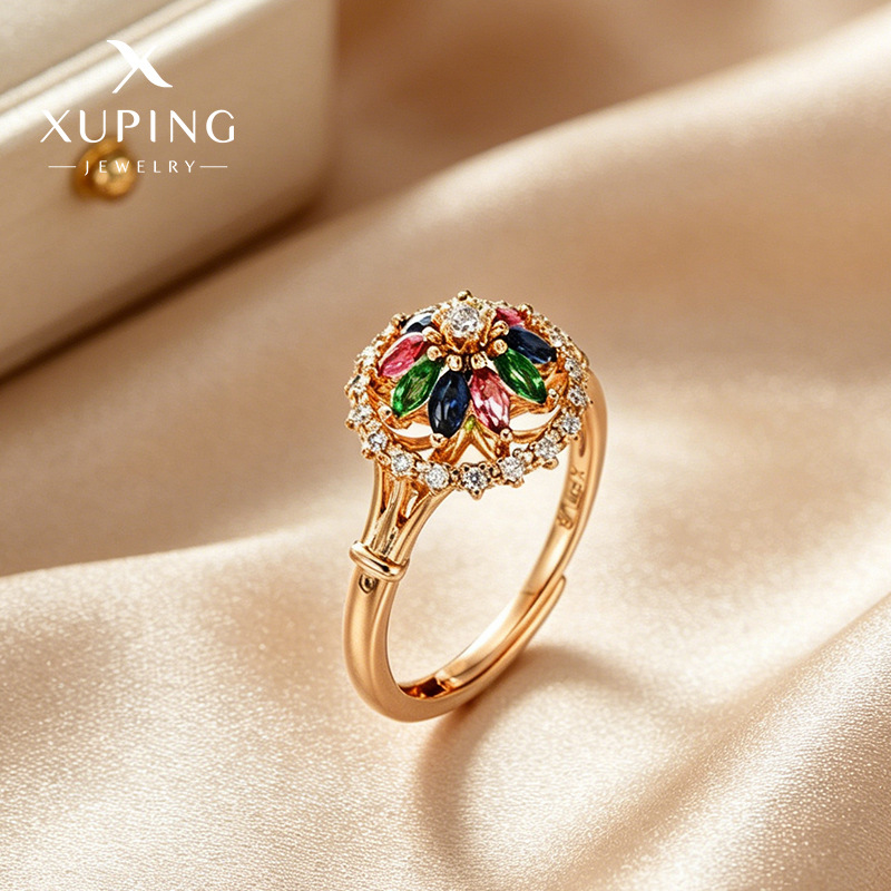 Xuping aleación de cobre galvanizado 18k color incrustado gemas artificiales nicho de diseño transfronterizo europeo y americano anillo ajustable