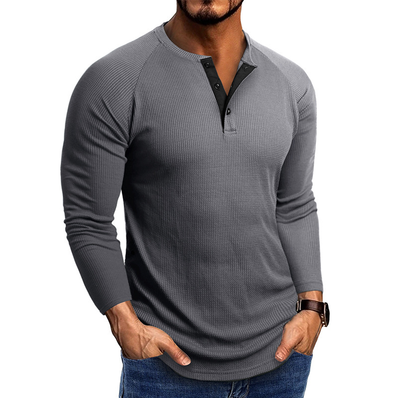 2023 autumn and winter European and American men's Henry collar long sleeve T-shirt foreign trade men's shirt waffle shirt base shirt
